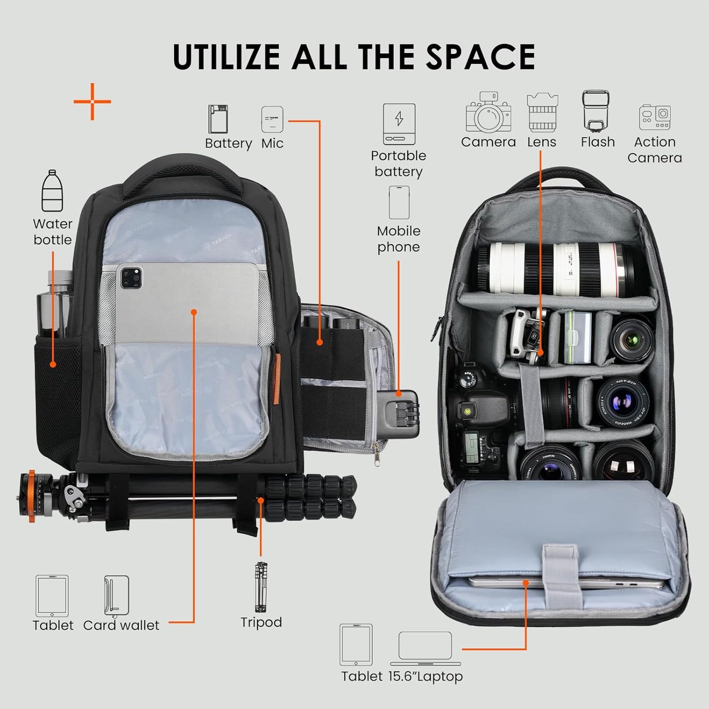 Camera Backpack for Photographers - Compact Camera Bag with 15.6 Inch Laptop Compartment - Side Access Quick Draw - Anti-Theft Hidden Pocket Tripod Holder Rain Cover - TB04 Black