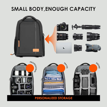 Camera Backpack for Photographers - Compact Camera Bag with 15.6 Inch Laptop Compartment - Side Access Quick Draw - Anti-Theft Hidden Pocket Tripod Holder Rain Cover - TB04 Black