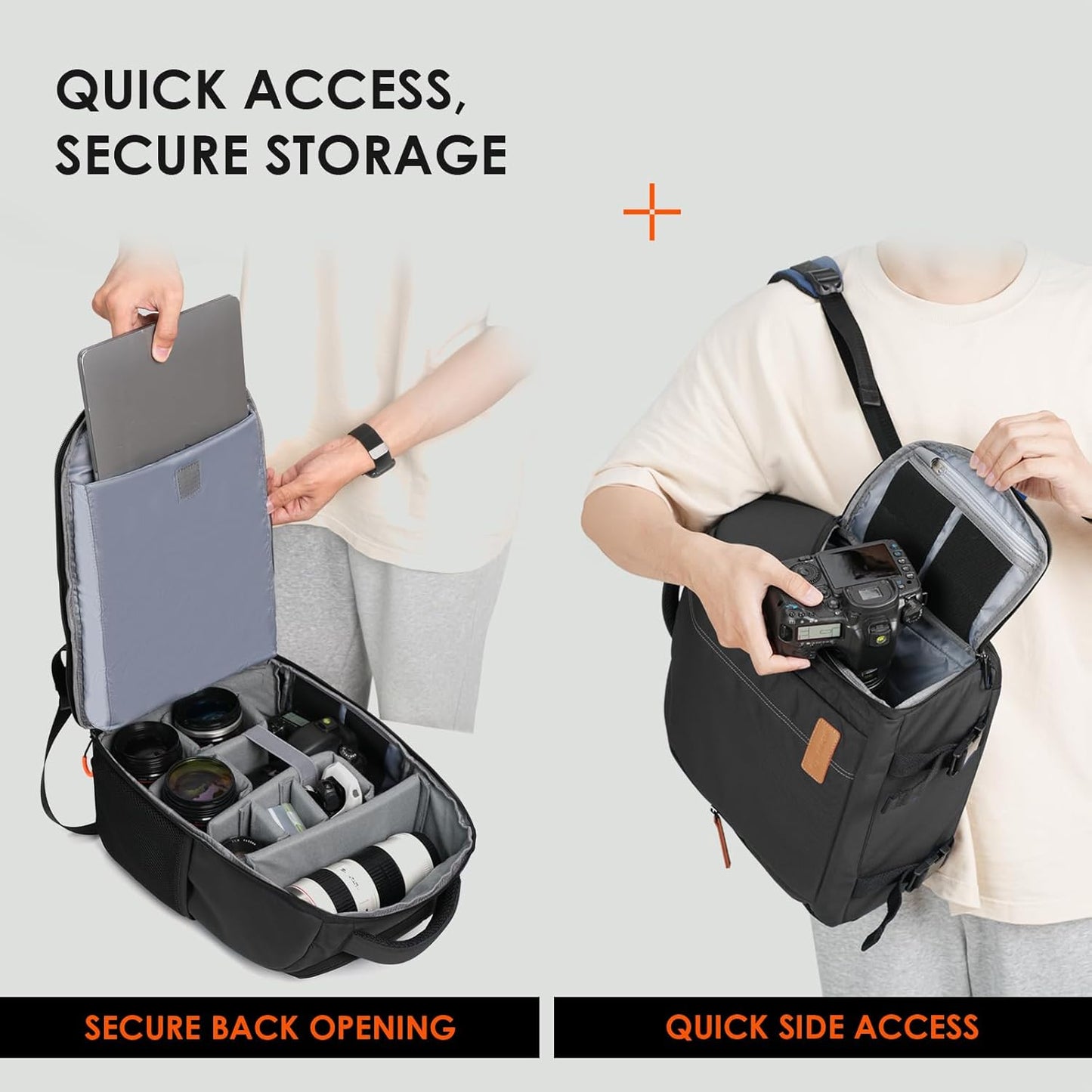 Camera Backpack for Photographers - Compact Camera Bag with 15.6 Inch Laptop Compartment - Side Access Quick Draw - Anti-Theft Hidden Pocket Tripod Holder Rain Cover - TB04 Black